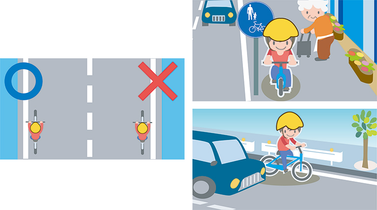 １．車道が原則、左側を通行、歩道は例外、歩行者を優先